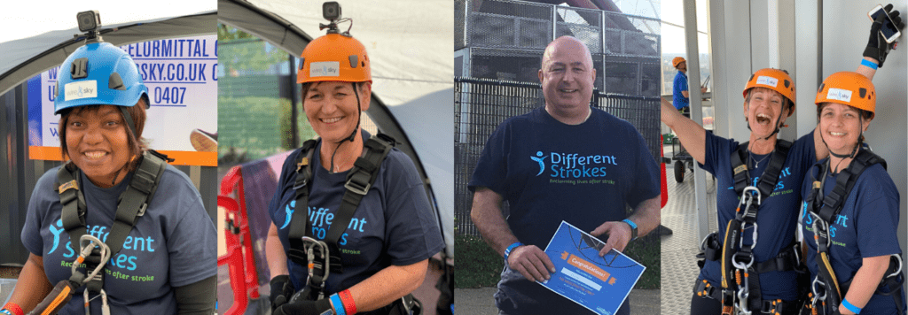 Pictured are five brave fundraisers smiling and celebrating on the day of our charity abseil in their Different Strokes Tshirts