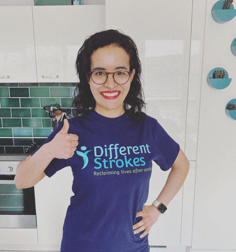Picture of Hayette who survived a stroke at just 34 wearing a Different Strokes fundraising t-shirt
