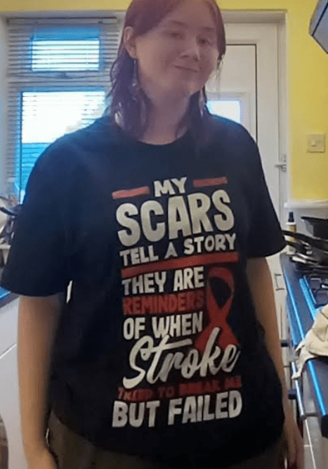 Picture of Evie wearing a t-shirt about stroke making her a stronger person