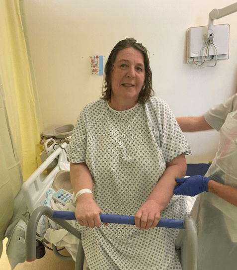 Picture of Maggie who survived a haemhorrhagic stroke at 51 recovering in hospital who has recovered well enough to be running a Different Strokes support group