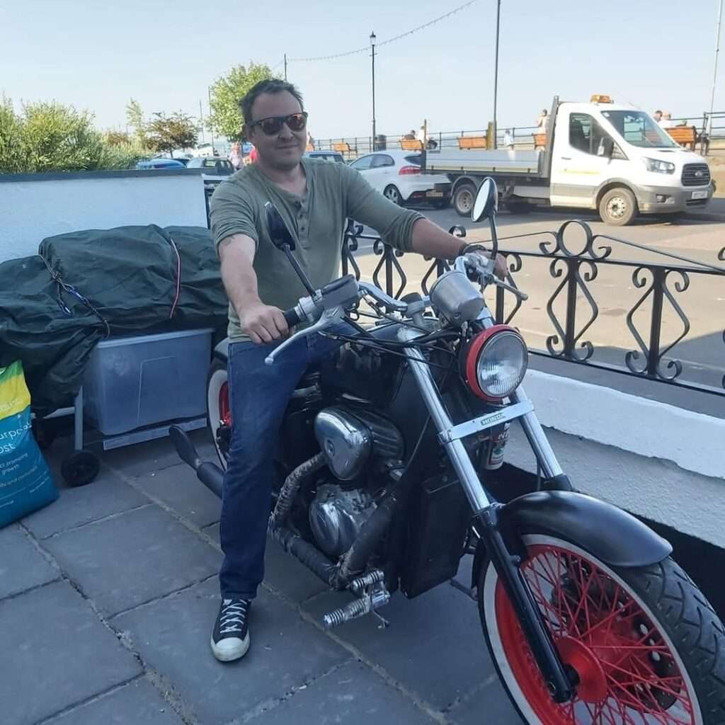 Mike who survived a haemorrhagic stroke in September 2025, aged 42 enjoying time on a motorbike