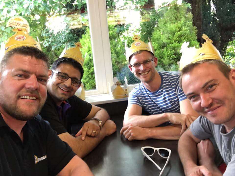 Mike who survived a haemorrhagic stroke in September 2025, aged 42 with some friends who supported him from the Round Table